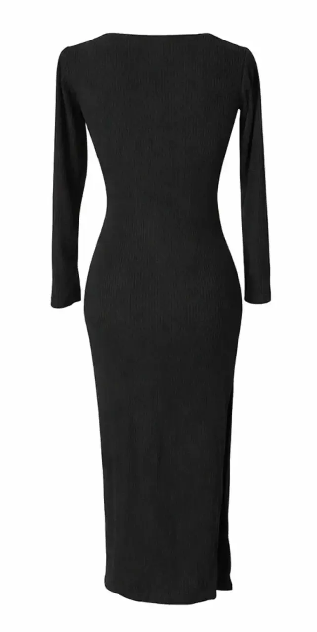 Vestido lanilla midi negro ajustado manga larga - 2