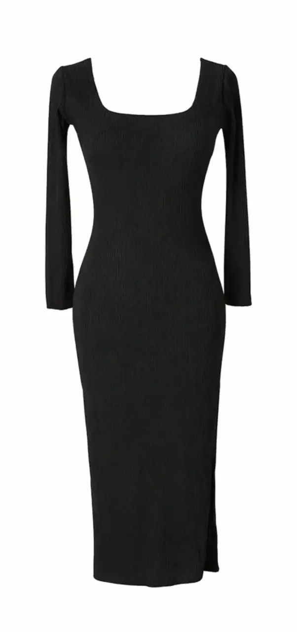 Vestido lanilla midi negro ajustado manga larga - 3