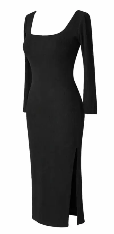 Vestido lanilla midi negro ajustado manga larga - miniatura 5