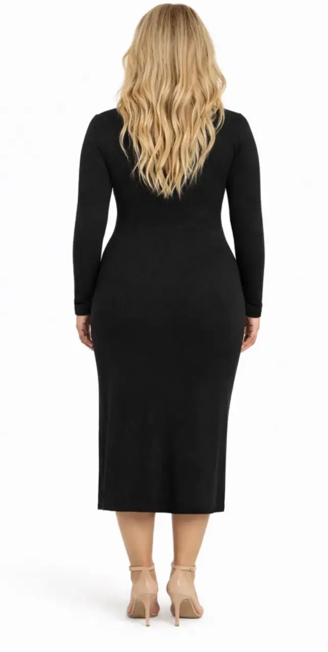 Vestido lanilla midi negro ajustado manga larga - 6