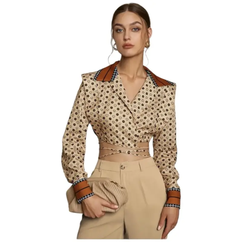Camisa crop  estampada beige mujer