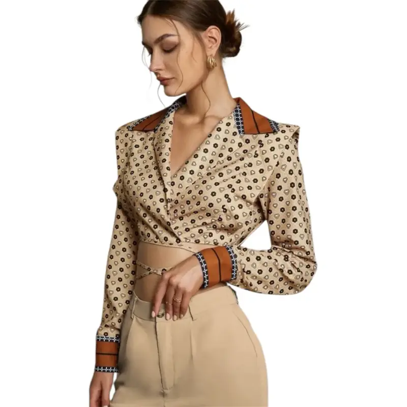 Camisa crop estampada beige mujer - 2