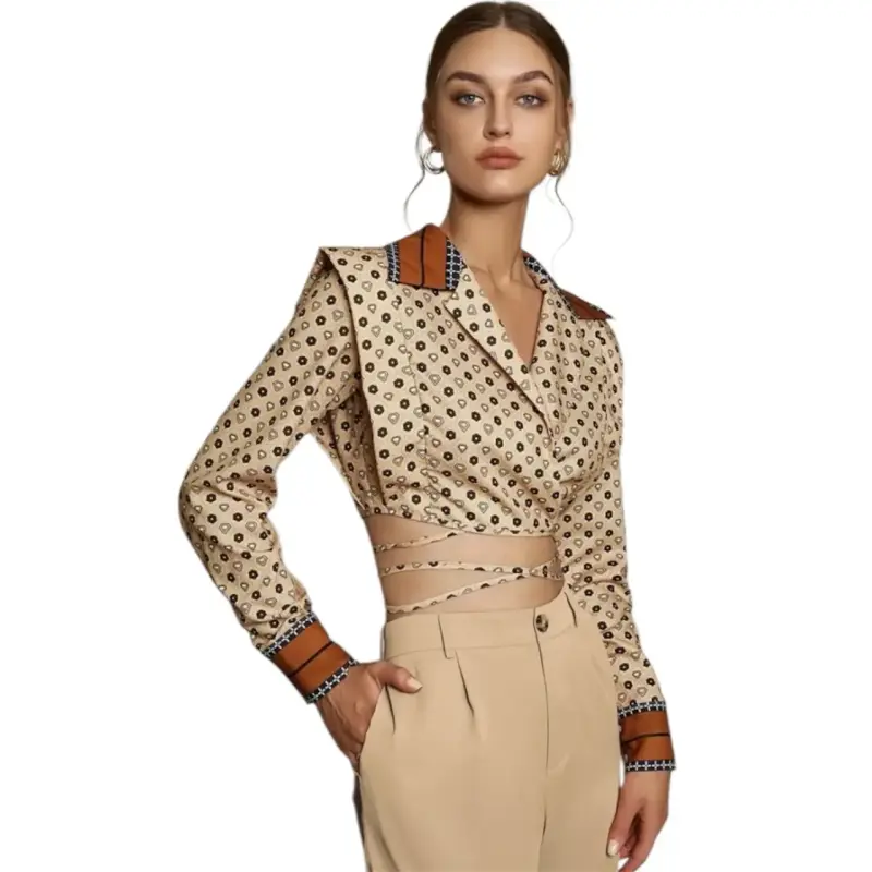 Camisa crop estampada beige mujer - 3