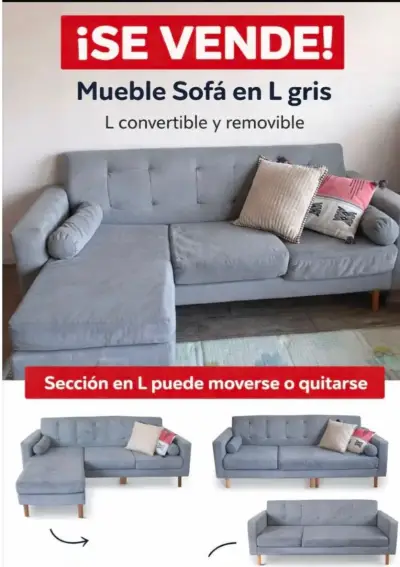 Sofá en L gris convertible y removible - miniatura 1