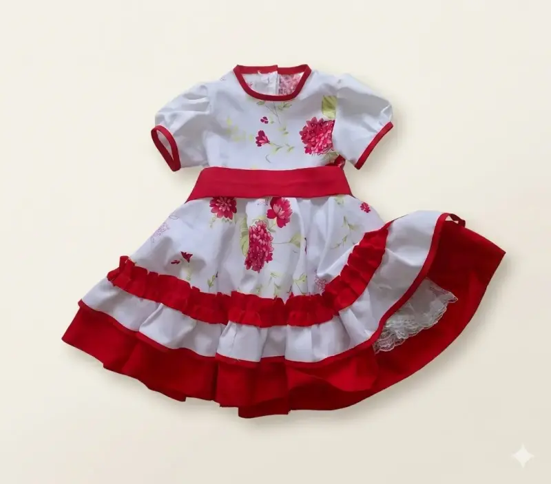 Vestido huasa infantil floral con volantes rojos