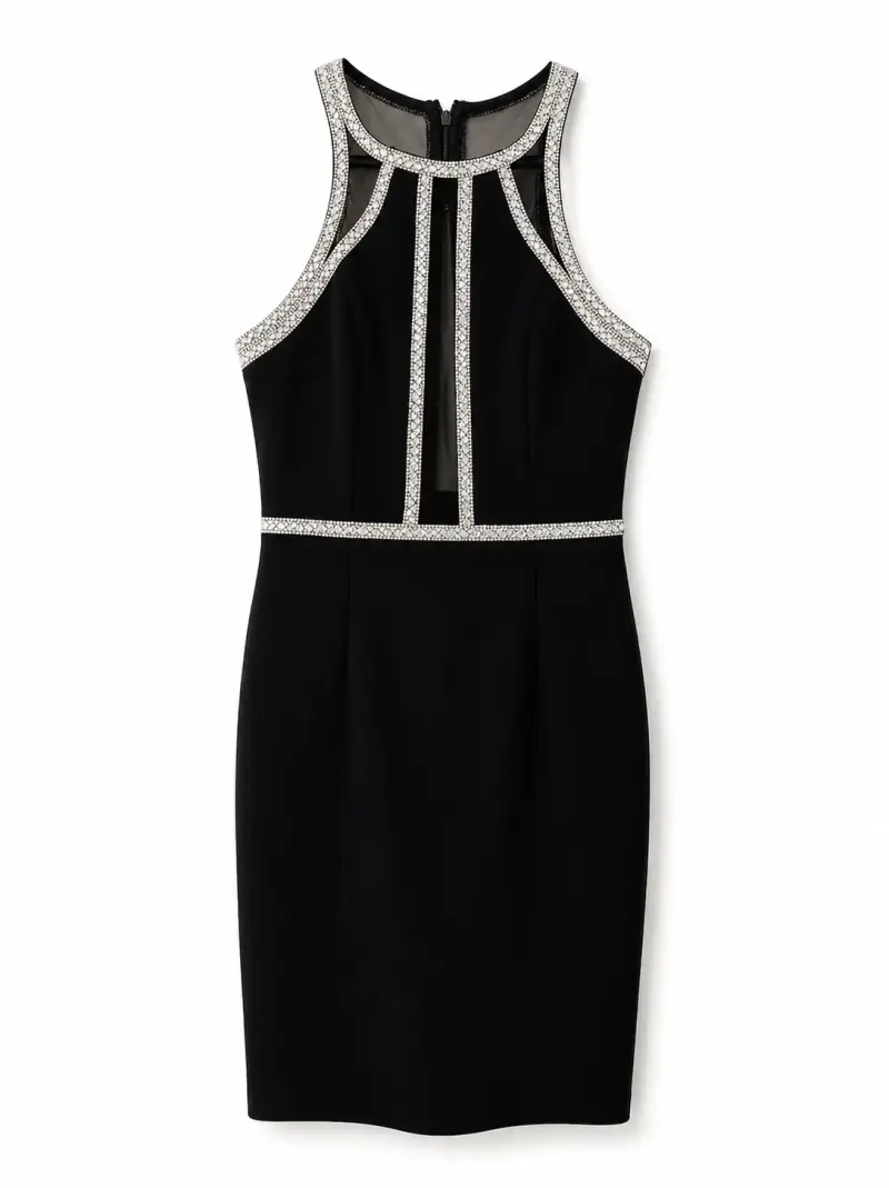 Vestido negro elegante con detalles brillantes