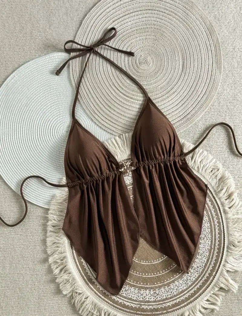 Top de bikini marrón con detalle de lazo - 1