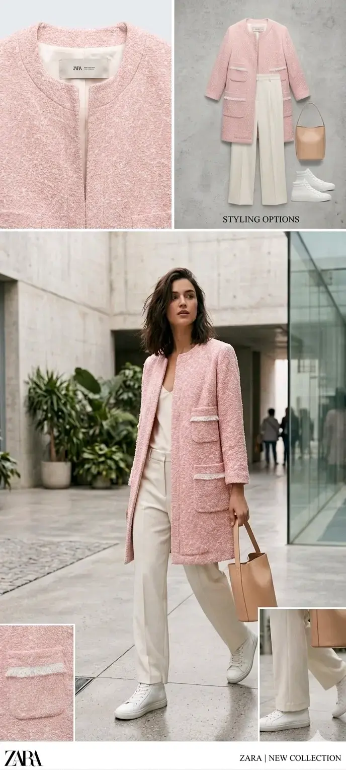 Abrigo Rosa Zara Basic con Detalles de Flecos - 2
