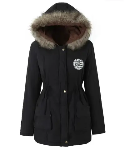 Parka negra con capucha de piel sintética - miniatura 1