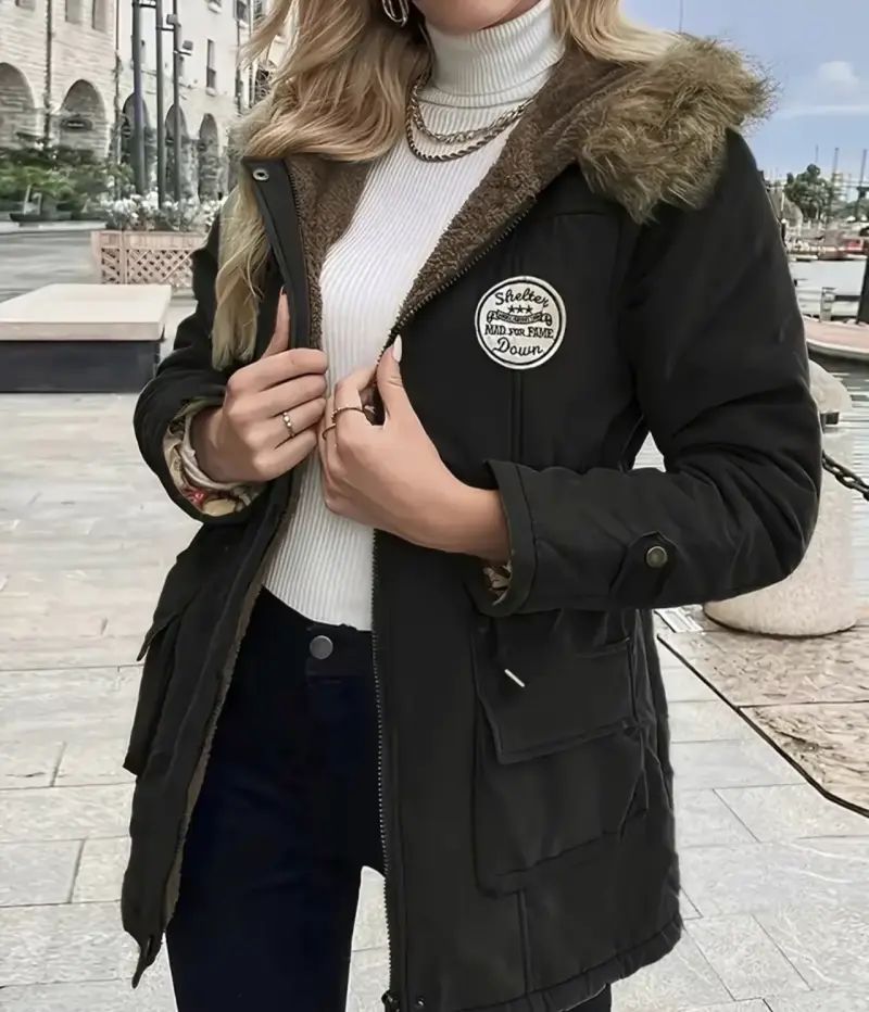 Parka negra con capucha de piel sintética - 2