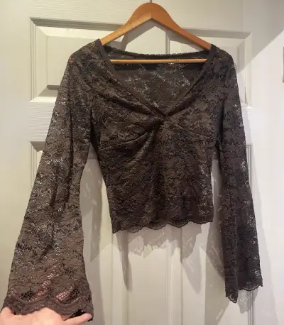 Blusa de encaje marrón manga larga para mujer - miniatura 2