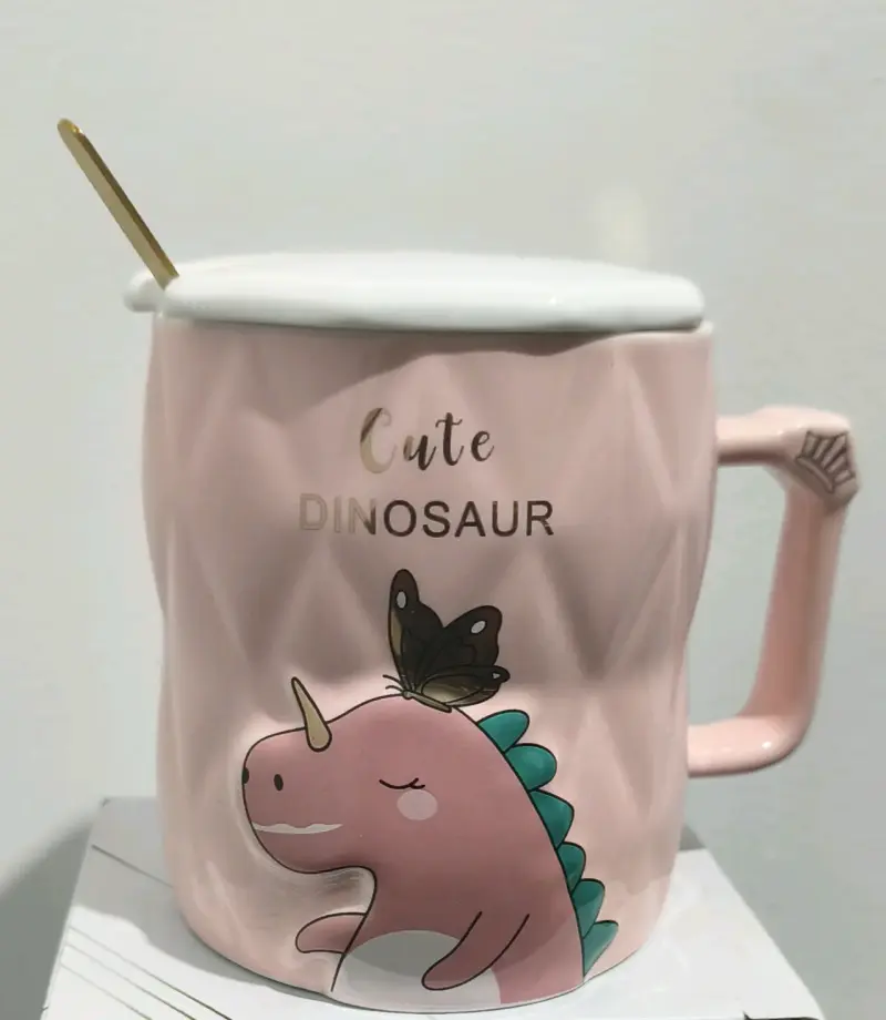 Taza de cerámica rosa con diseño de dinosaurio - 3