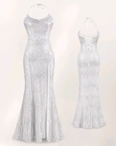 Vestido de fiesta con lentejuelas plateado - miniatura 1