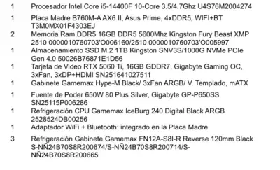 PC Gamer con Procesador Intel i5 y Tarjeta RTX 5060 Ti - miniatura 1