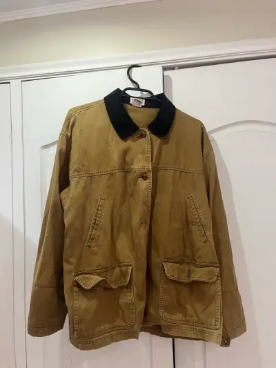 Chaqueta de algodón marrón con cuello negro - miniatura 1