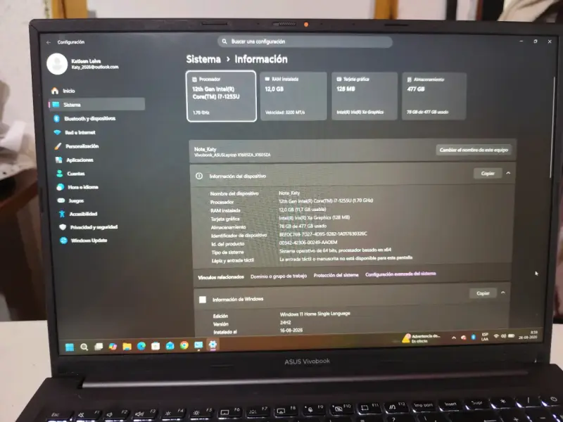 Asus Vivobook 16, Intel I7 ,12 gen,12 ram y 500SSD - 2