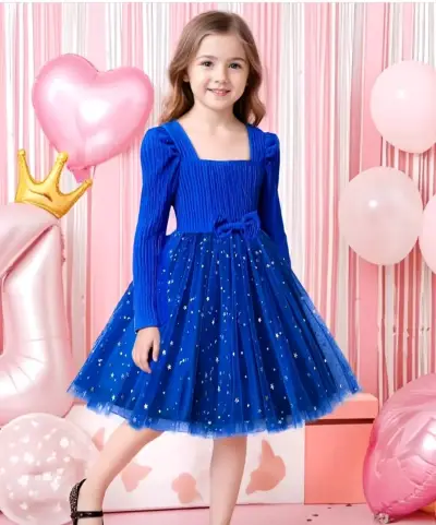 Vestido azul de fiesta para niña con estrellas - miniatura 1