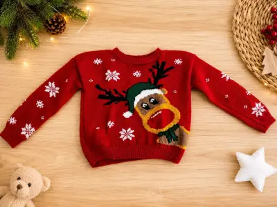 Suéter navideño rojo con reno y copos de nieve - miniatura 2