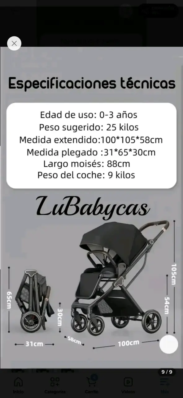 Coche de bebé negro con estructura plegable - 6