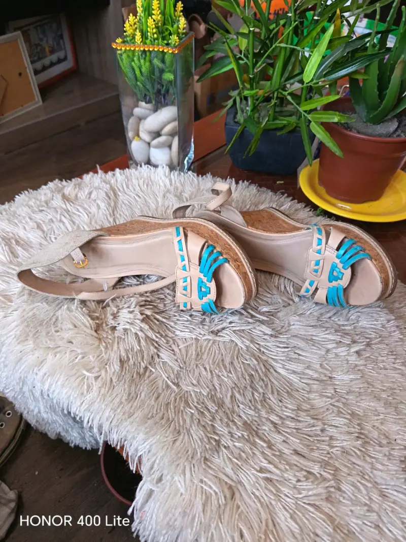 Sandalias  Gacel de cuña beige y turquesa - 5