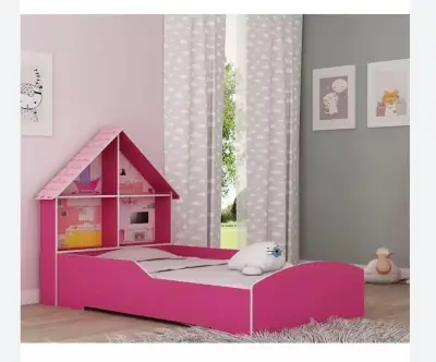 Cama infantil rosa con estantería integrada - miniatura 1