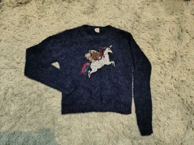 Suéter de lana azul con unicornio de lentejuelas - miniatura 1