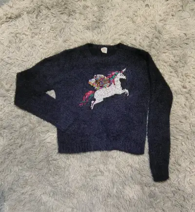 Suéter de lana azul con unicornio de lentejuelas - miniatura 2