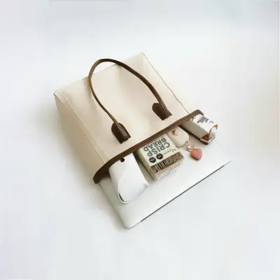 Bolso tote beige con asas marrones - miniatura 4