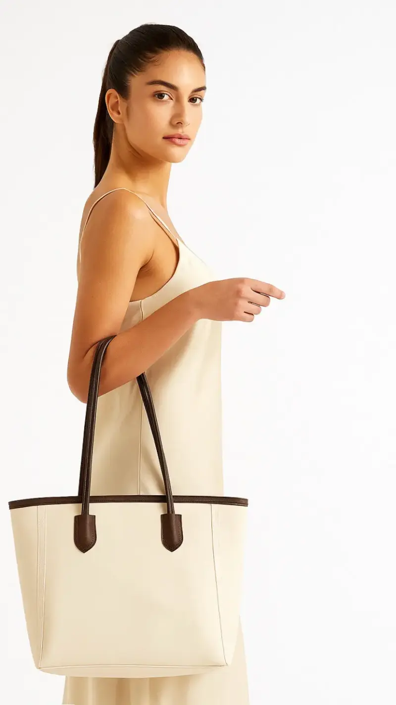 Bolso tote beige con asas marrones - 5