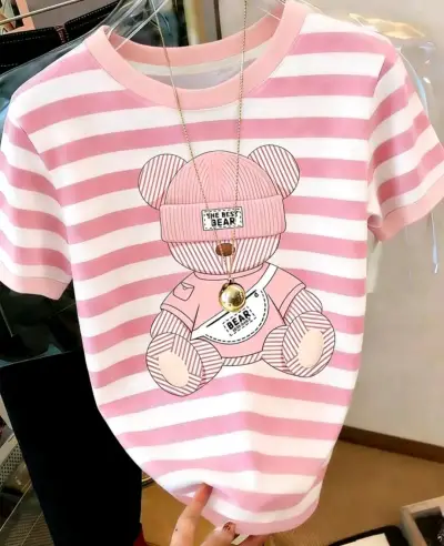 Polera rayada rosa con diseño de oso - miniatura 1