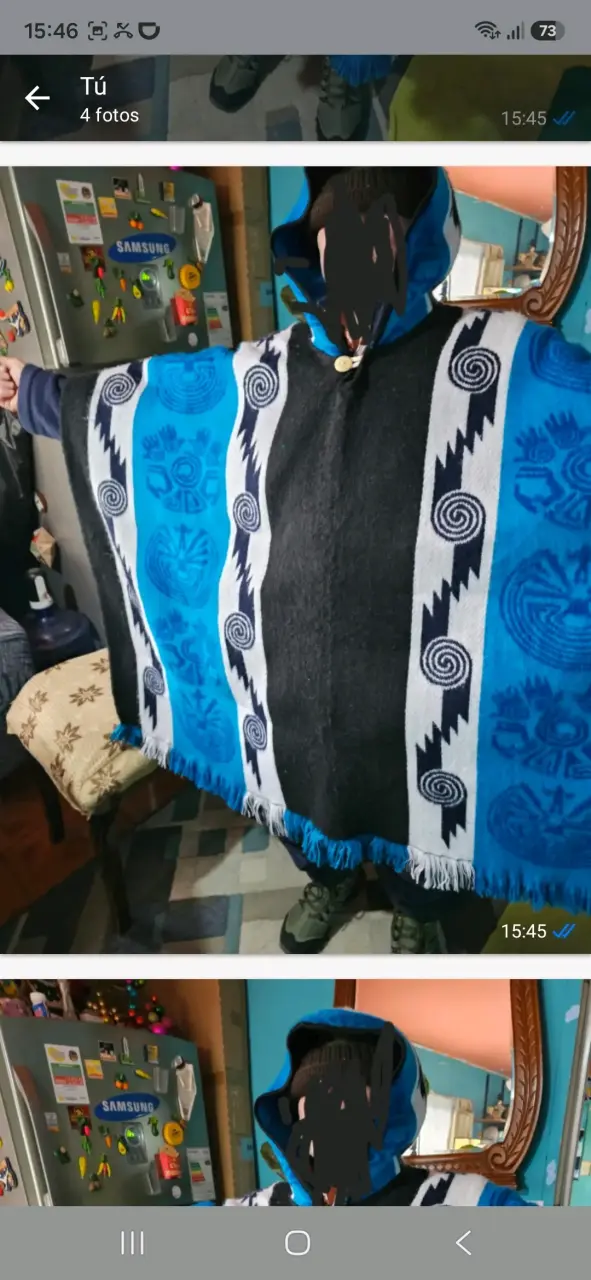 Poncho artesanal con diseño étnico azul y negro - 3
