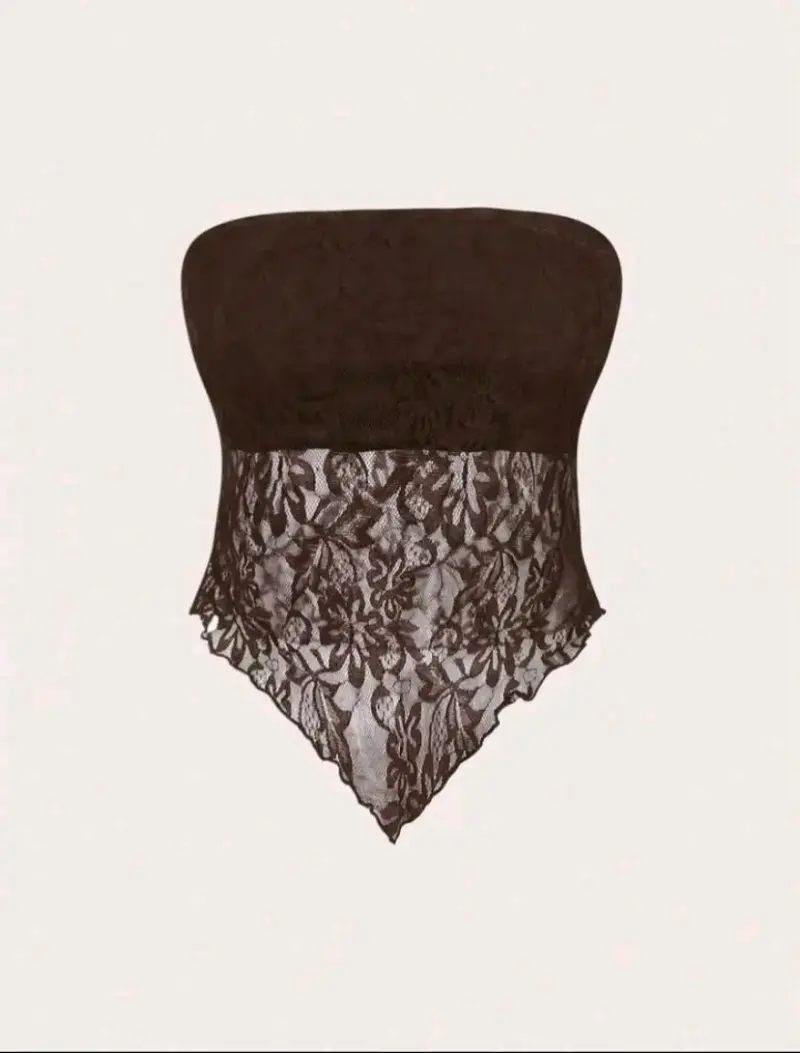 Top strapless de encaje marrón para mujer - 2