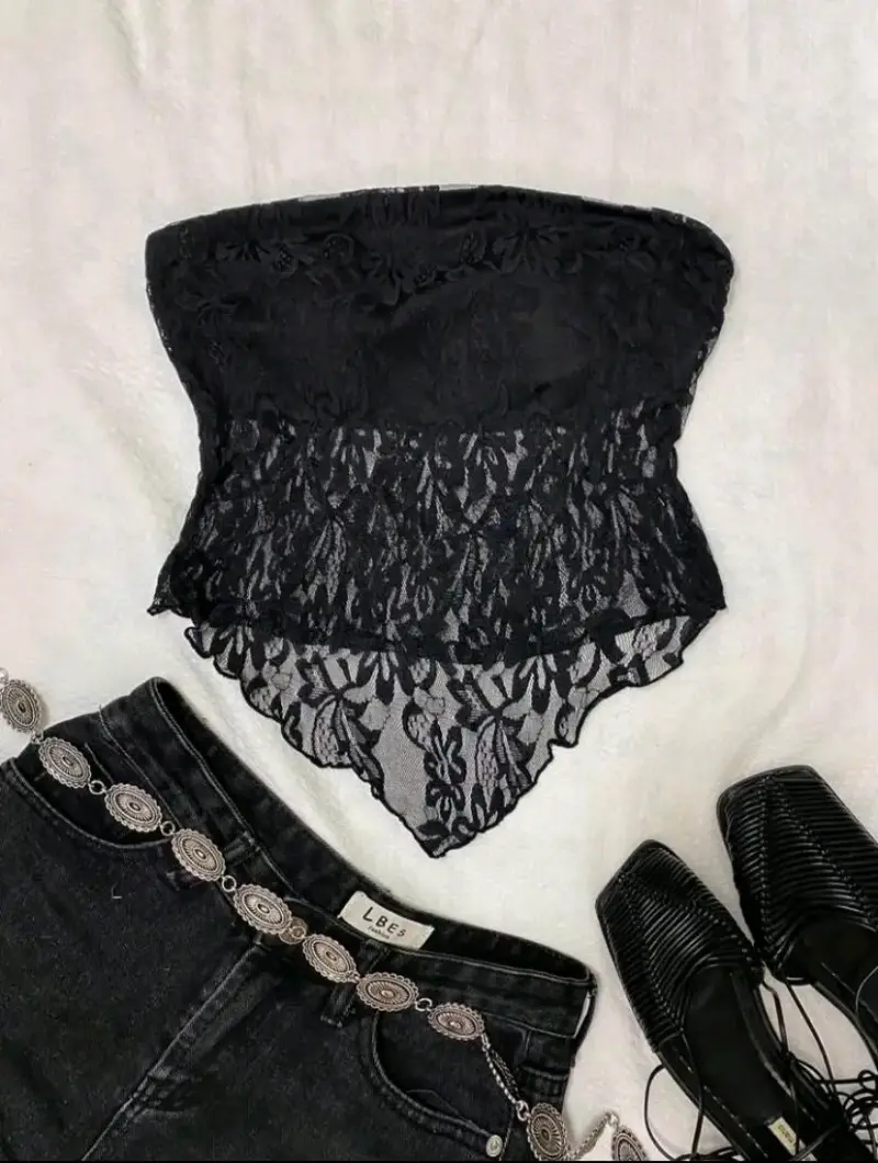 Top strapless de encaje marrón para mujer - 3