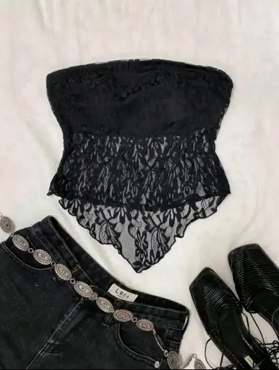 Top strapless de encaje marrón para mujer - miniatura 3