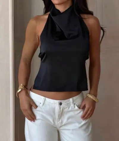 Top halter negro de satén para mujer - miniatura 1