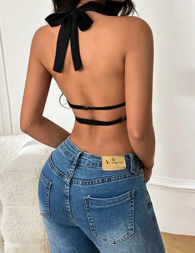 Top halter negro de satén para mujer - 2