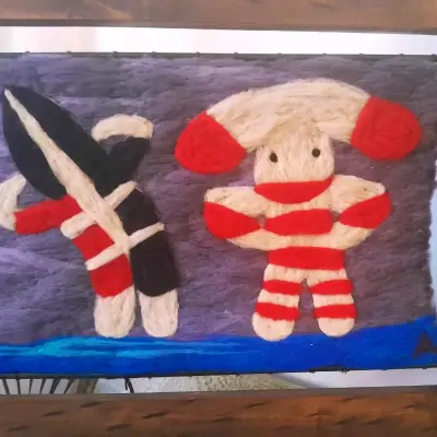 Cuadro arte textil vellón selknam marco madera - miniatura 5