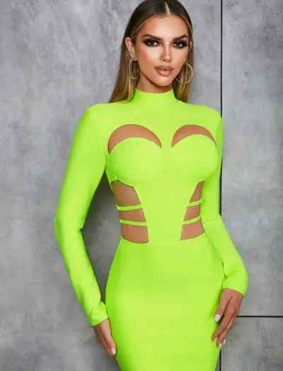 Vestido ajustado verde neón con aberturas - miniatura 4