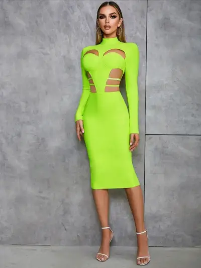 Vestido ajustado verde neón con aberturas - miniatura 6