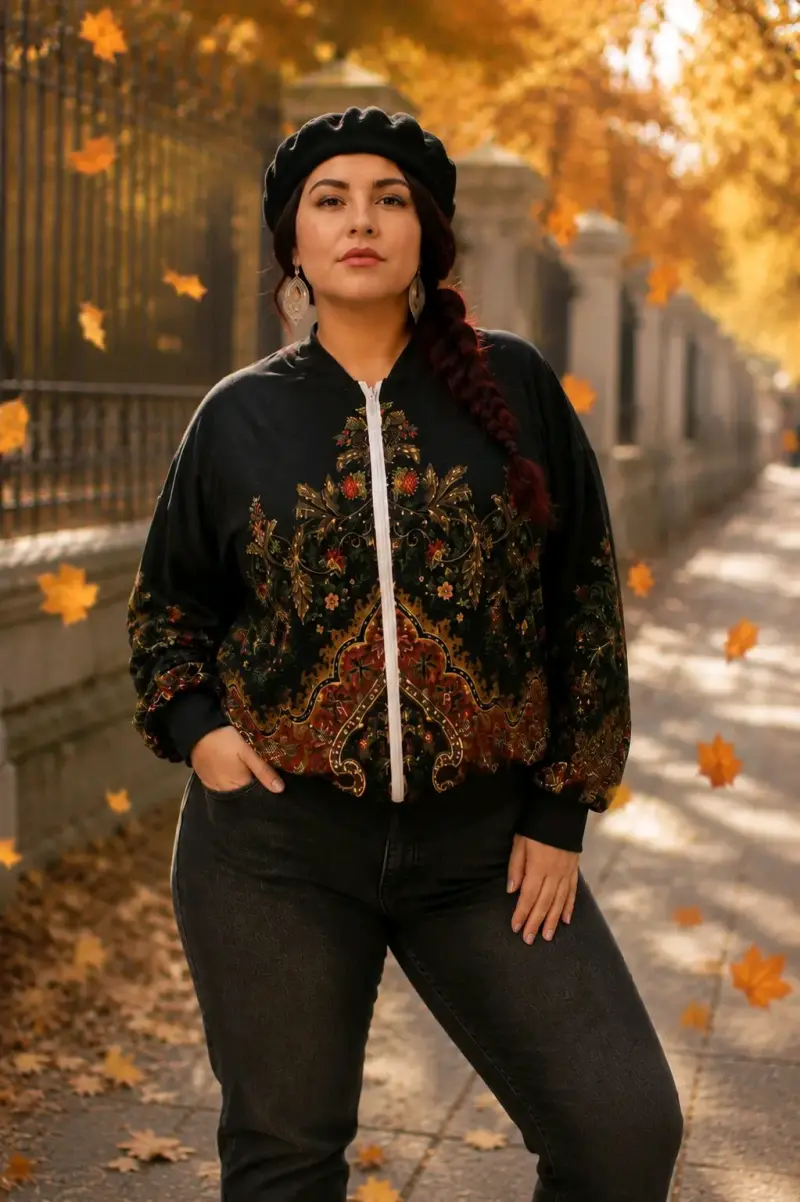 Chaqueta bomber azul oscuro con estampado floral - 2