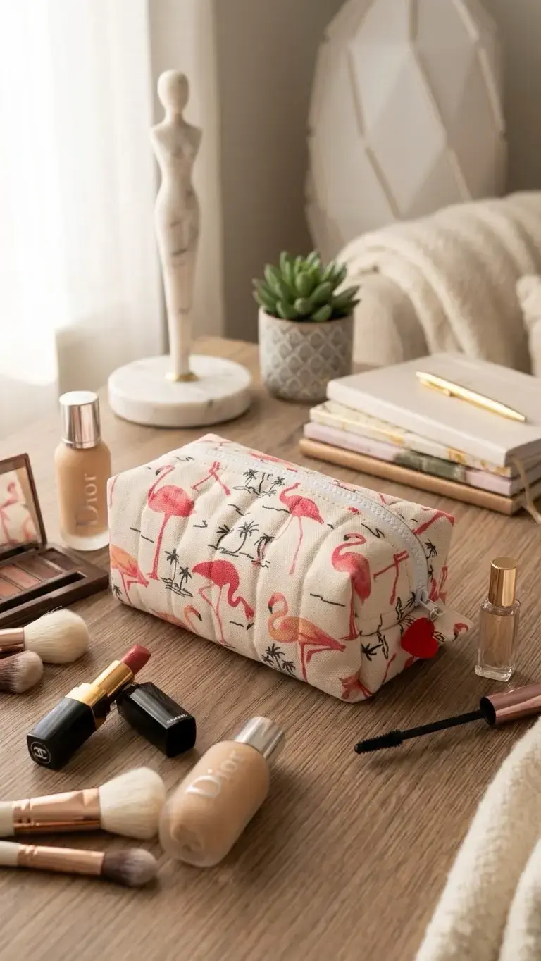Cosmetiquero de tela con diseño de flamencos - 1