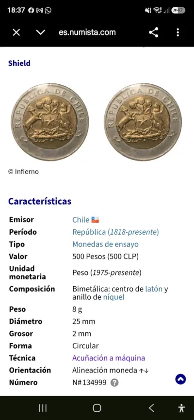 Moneda de ensayo 500 Pesos Chile bimetálica - miniatura 1