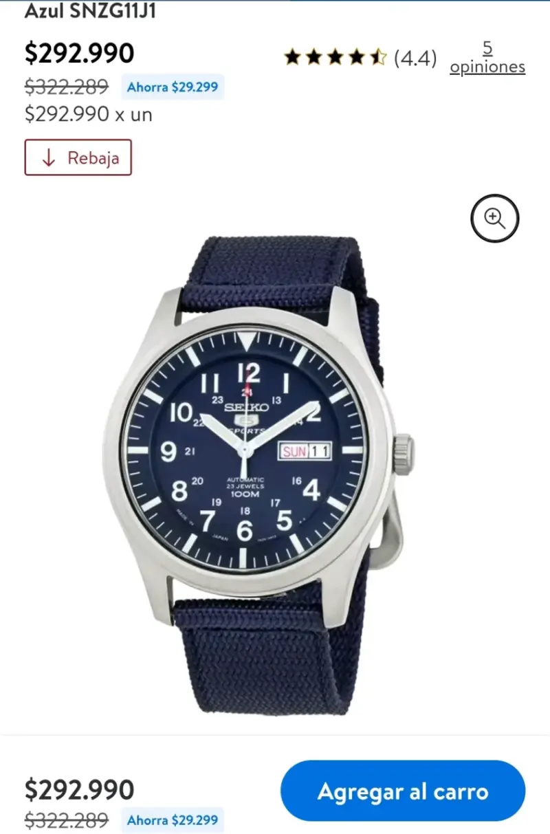 Reloj Seiko 5 Automático Azul con Correa de Lona - 4