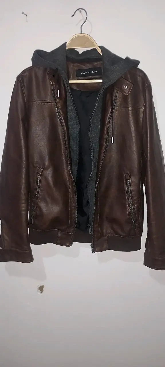 Chaqueta de cuero marrón para hombre Zara - 4