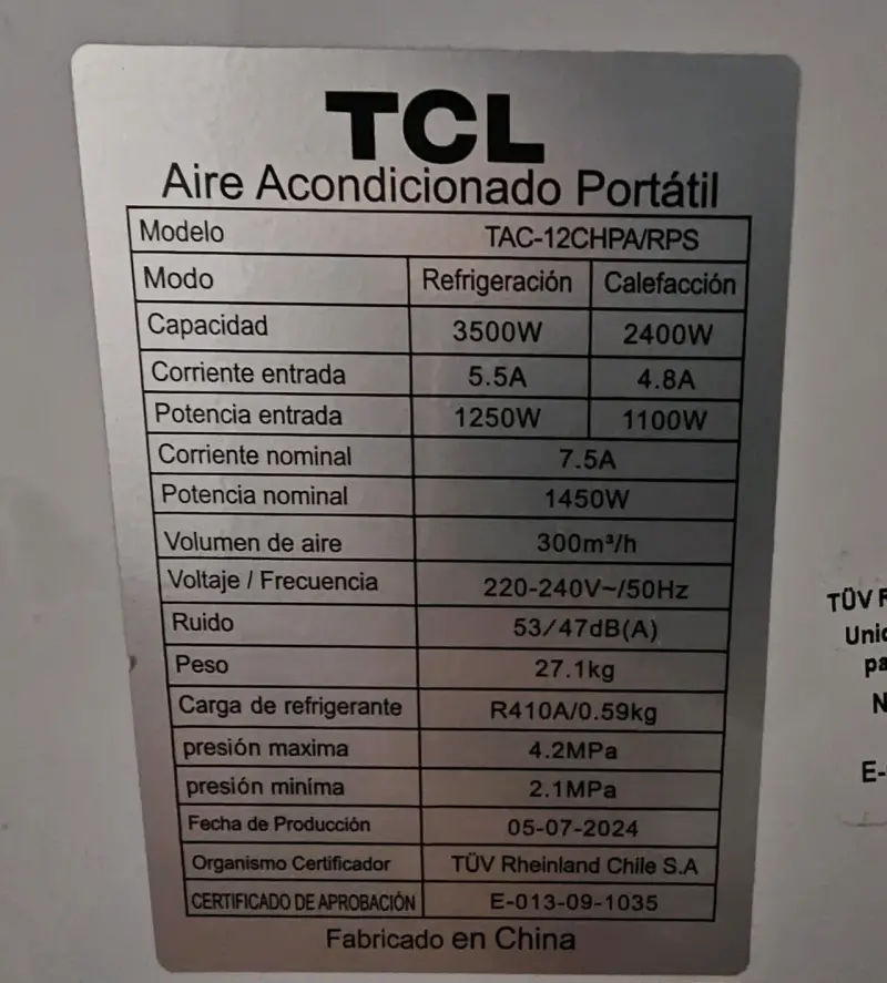 Aire acondicionado portátil TCL TAC-12CHPA/RPS - 3