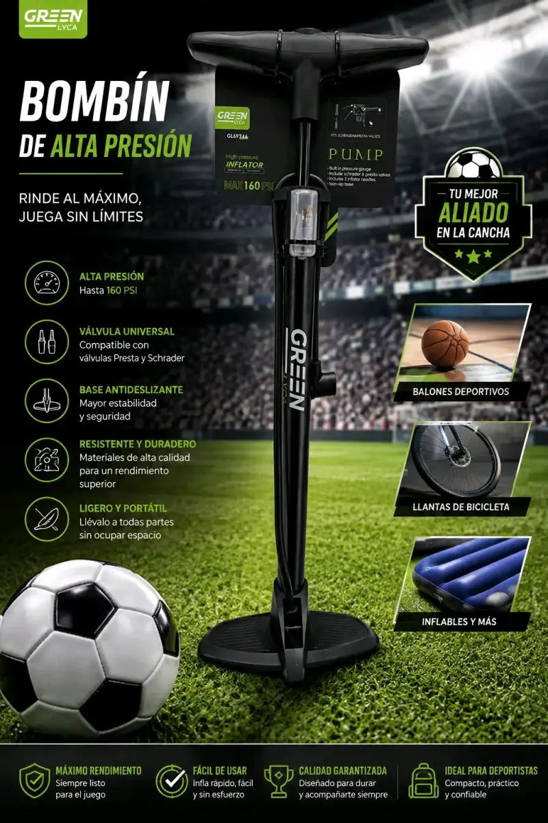 Bombín de alta presión Green Lyca para balones y bicicletas