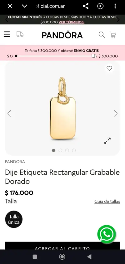 Dije rectangular grabable dorado Pandora - miniatura 1