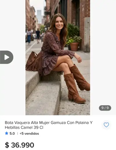 Bota vaquera alta de gamuza camel para mujer - miniatura 2