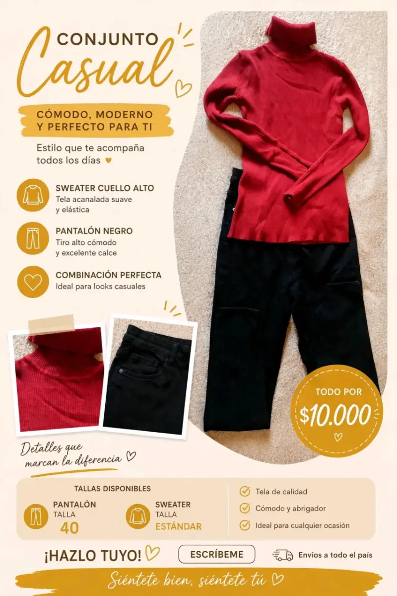 Conjunto casual sweater cuello alto y pantalón - 1