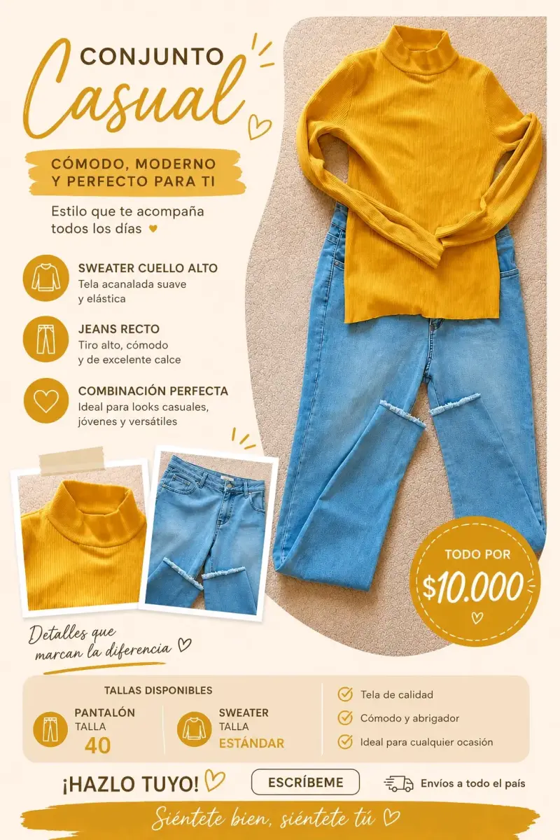 Conjunto casual sweater cuello alto y pantalón - 2